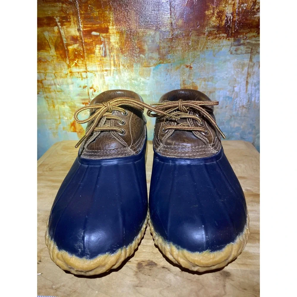 Eddie Bauer Duck Shoes Mens 9 Navy Blue Brown Leather Rubber Rain Mud Boots 4072